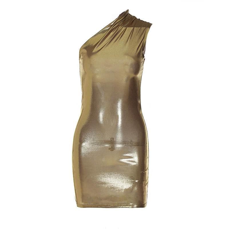 Metallic one shoulder ruched sleeveless irregular mini dress