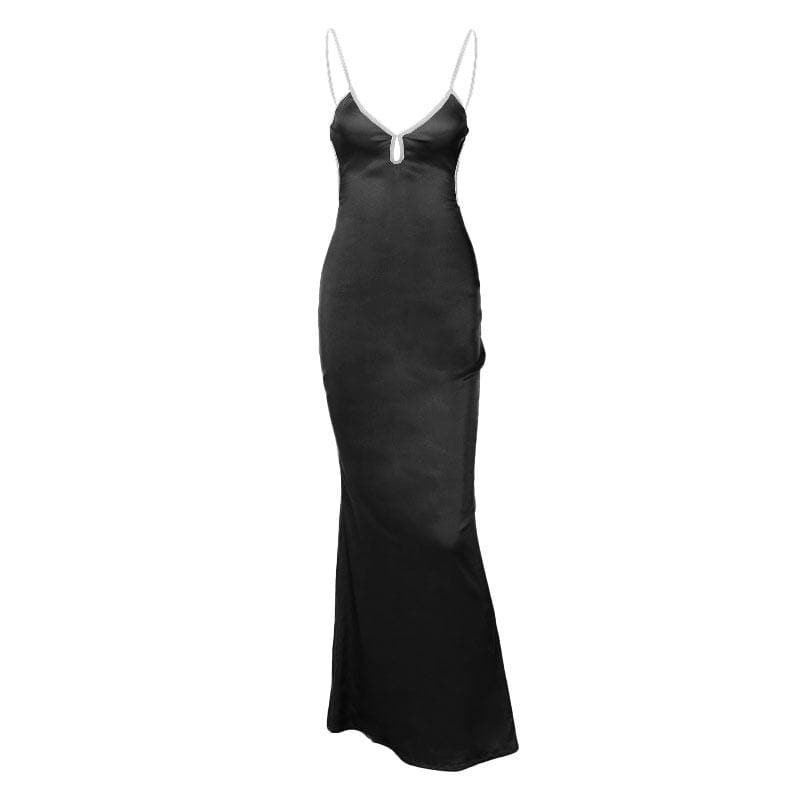 Backless v neck self tie contrast hollow out cami maxi dress