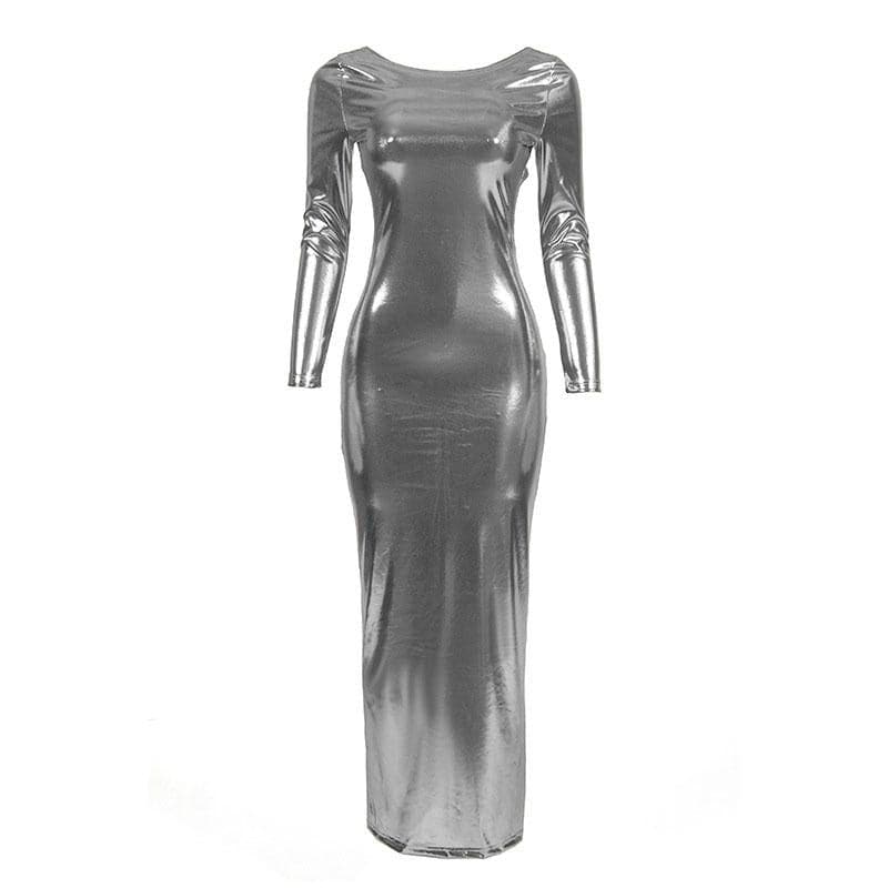 Metallic long sleeve backless round neck ruched maxi dress