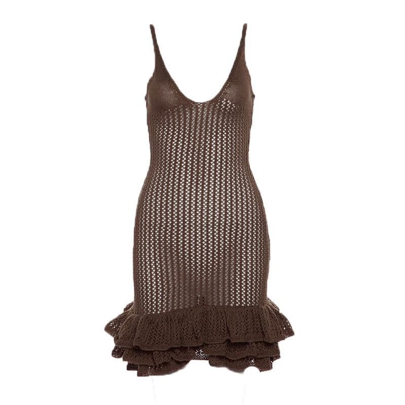 Crochet v neck sleeveless hollow out ruffle mini dress