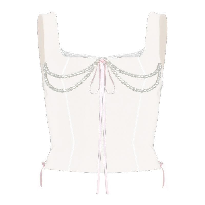 Pearl chain square neck lace hem sleeveless lace up crop top