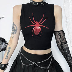 crewneck ribbed spider pattern glitter contrast crop top