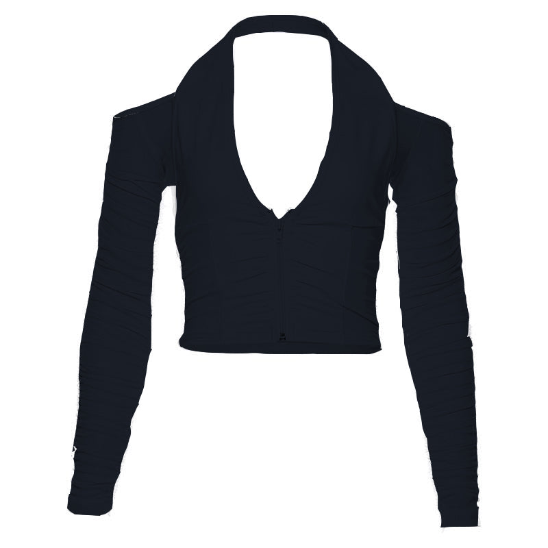 Off shoulder solid long sleeve mesh halter zip-up low cut crop top