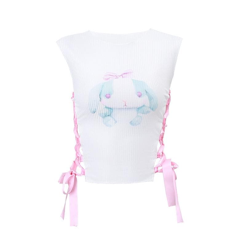 Ribbed self tie lace up contrast rabbit pattern sleeveless crop top