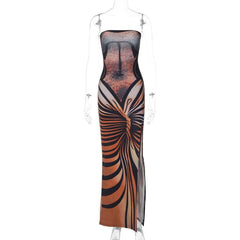 Lace up contrast print slit backless tube maxi dress