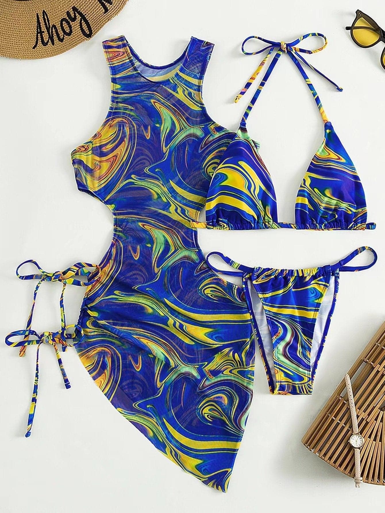 Contrast print mesh hollow out self tie halter 3 piece swimwear