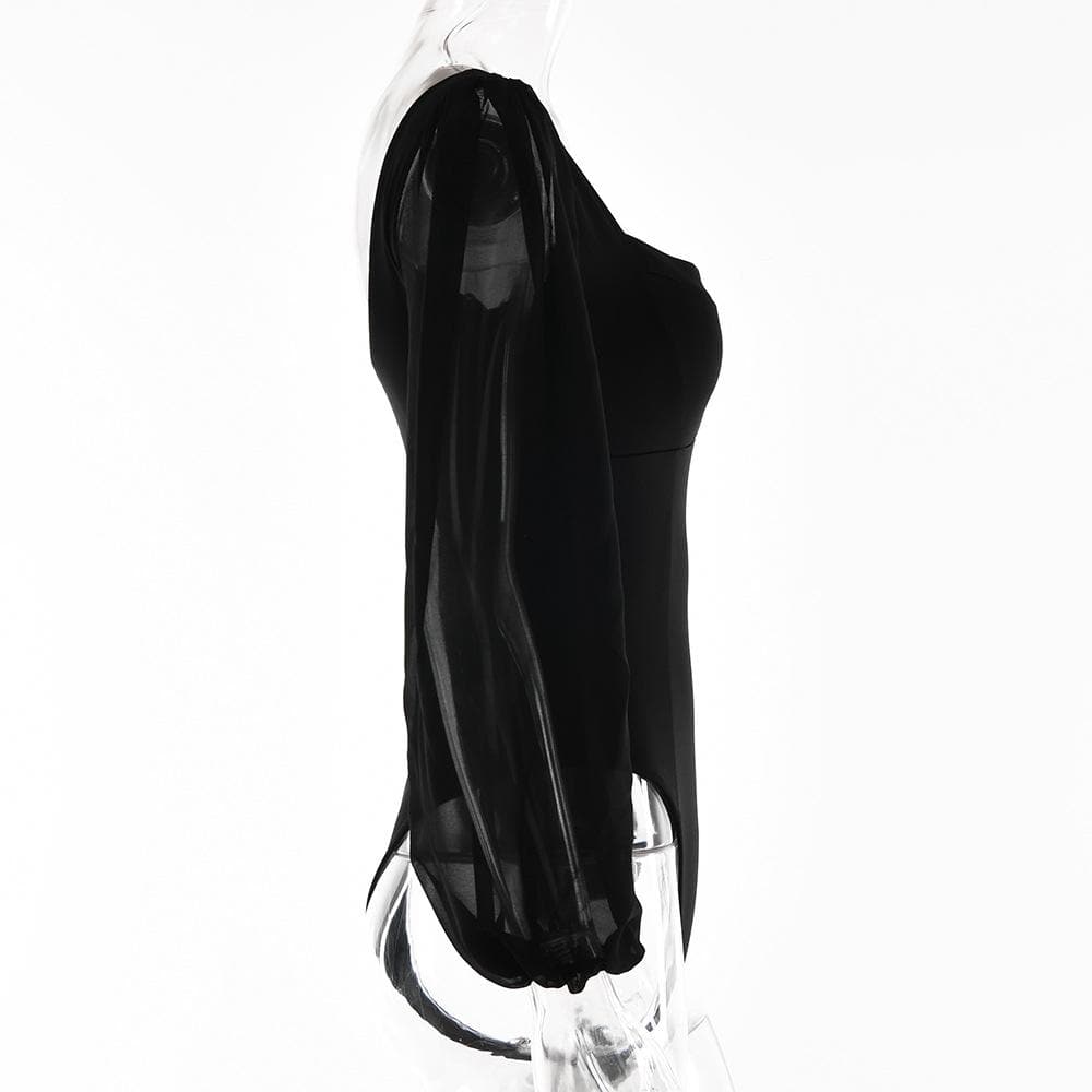 Solid v neck long sleeve mesh backless bodysuit
