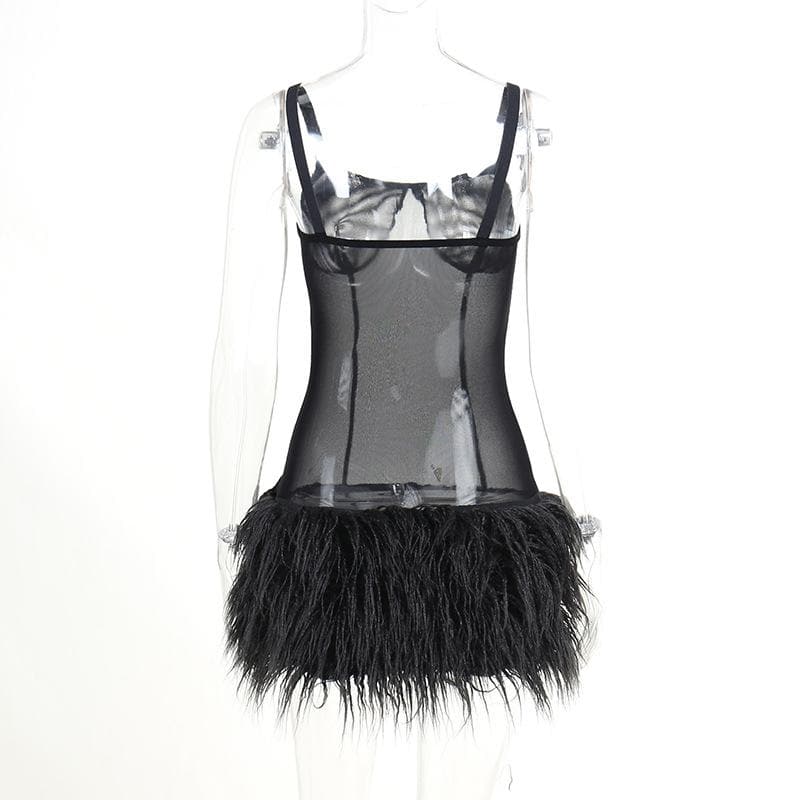 Mesh see through feather sleeveless backless mini dress