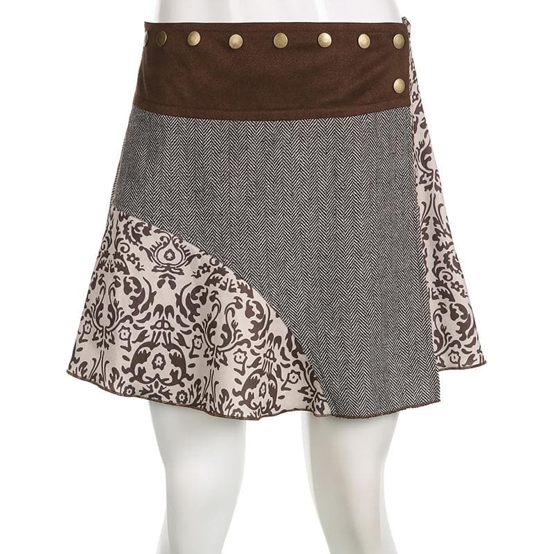 Patchwork contrast zip-up button A line mini skirt