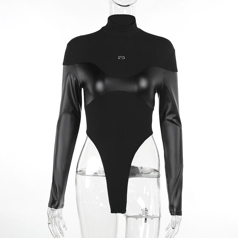Patchwork high neck long sleeve PU leather bodysuit