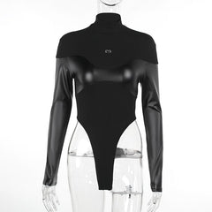 Patchwork high neck long sleeve PU leather bodysuit