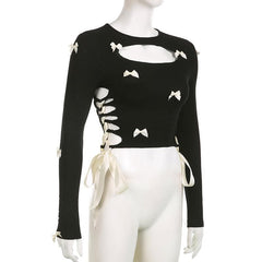 Bowknot long sleeve hollow out lace up contrast cut out top