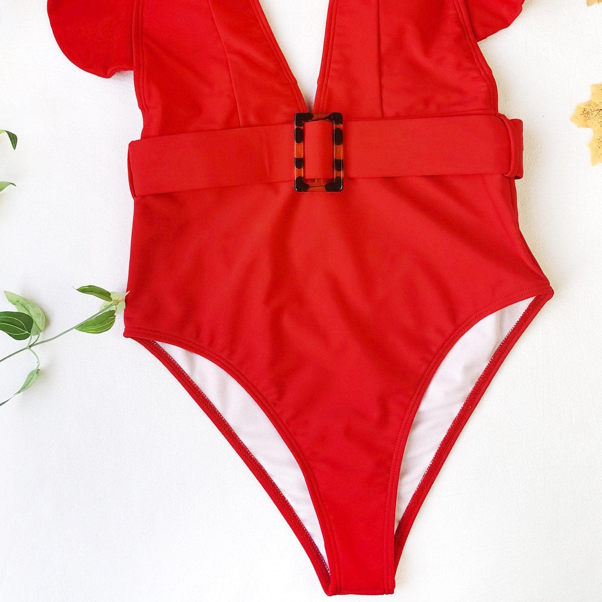 V neck ruffled one piece swimwear