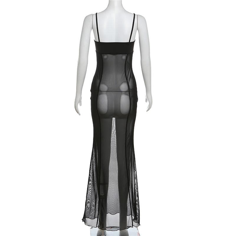 Mesh ruffle see through stitch patchwork cami maxi dress