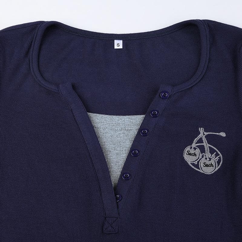 Patchwork button contrast long sleeve embroidery top