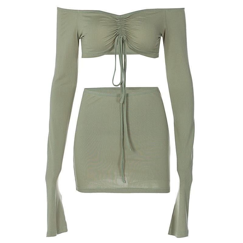 Drawstring off shoulder long sleeve solid mini skirt set