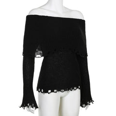 Crochet long sleeve hollow out off shoulder solid cut out top