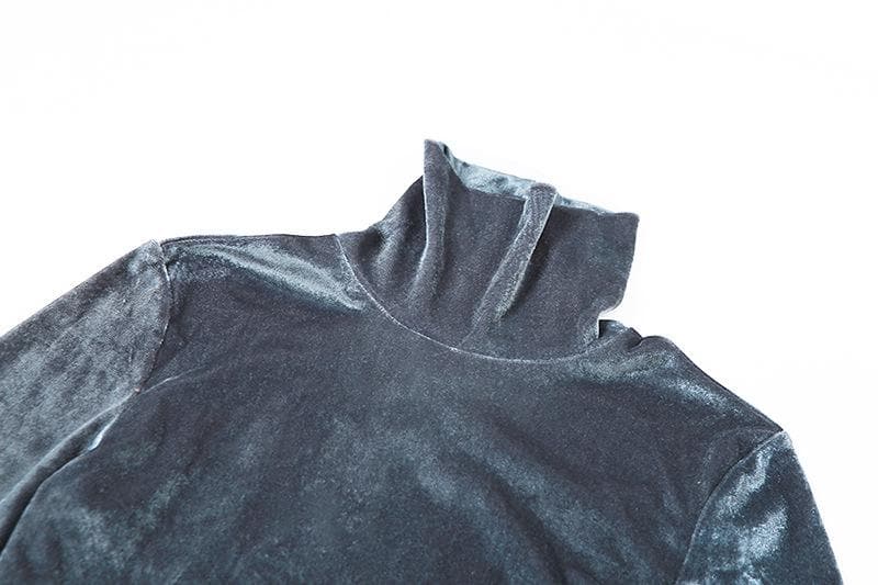 Velvet turtle neck solid long flared sleeve self tie pant set