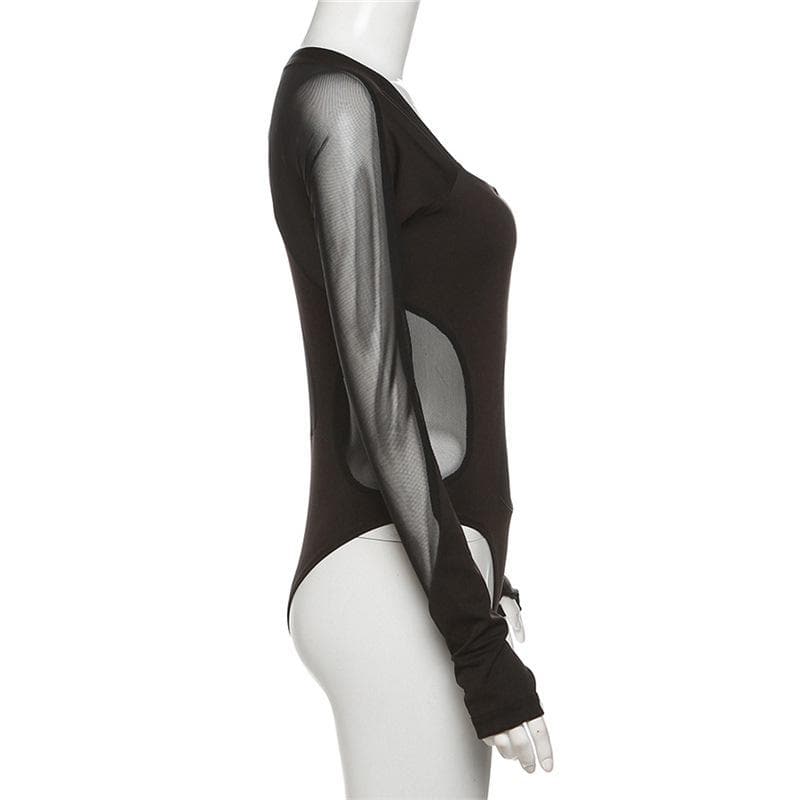 Square neck mesh patchwork long sleeve gloves bodysuit