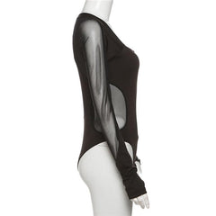 Square neck mesh patchwork long sleeve gloves bodysuit