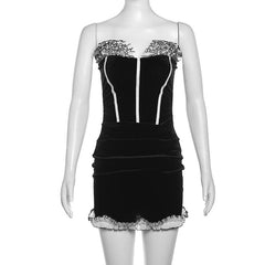 Ruffle velvet stitch ruched backless contrast tube mini dress