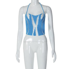 Solid halter self tie backless knitted hollow out crop cut out top