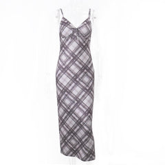 Plaid contrast v neck backless cami maxi dress