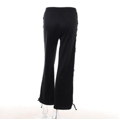 Lace up solid hollow out medium rise pant