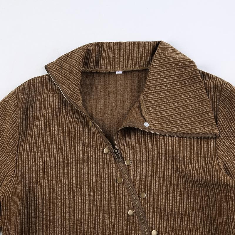 Textured irregular turnover collar zip-up long sleeve crop top