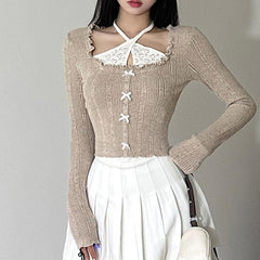 Bowknot contrast halter patchwork ruffle long sleeve top