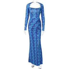 Lace up backless long sleeve slit ruched contrast print maxi dress