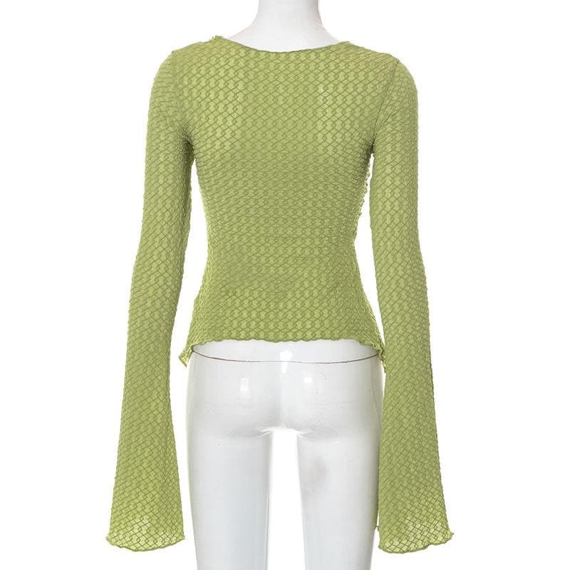 Textured solid slit flared sleeve ruffle self tie crop top