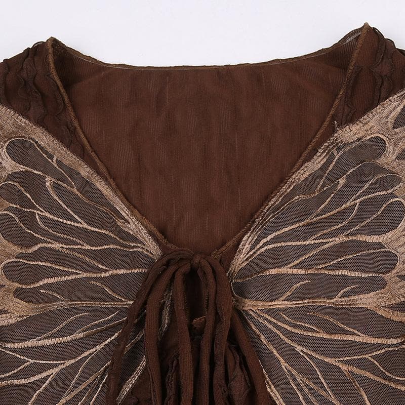 Textured butterfly pattern self tie long sleeve v neck crop top