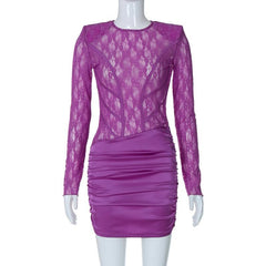 Lace see through satin ruched hollow out long sleeve mini dress