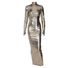 Metallic long sleeve high neck gloves backless ruched maxi dress