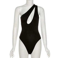 Solid One shoulder Hollow Out Bodysuit
