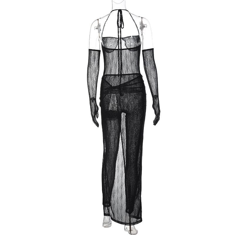 Sheer mesh solid halter self tie gloves backless jumpsuit skirt set