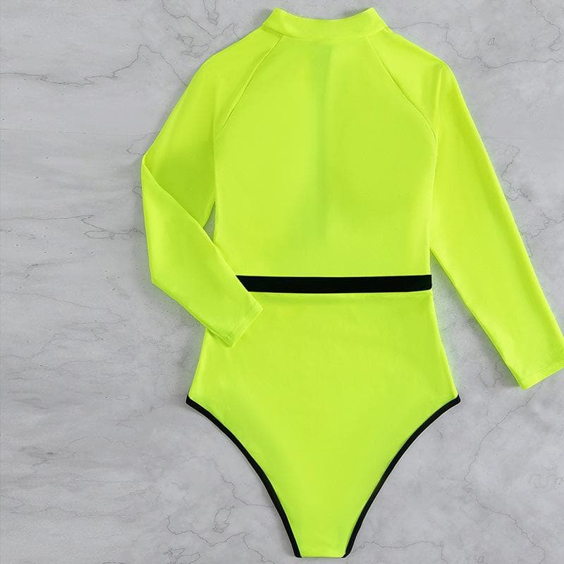 Zip-up contrast long sleeve belt one piece swimwear