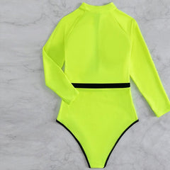 Zip-up contrast long sleeve belt one piece swimwear