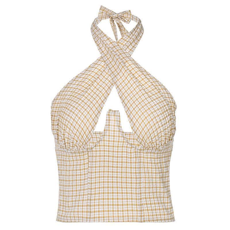Sleeveless backless halter hollow out plaid cut out top