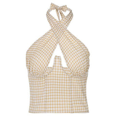 Sleeveless backless halter hollow out plaid cut out top