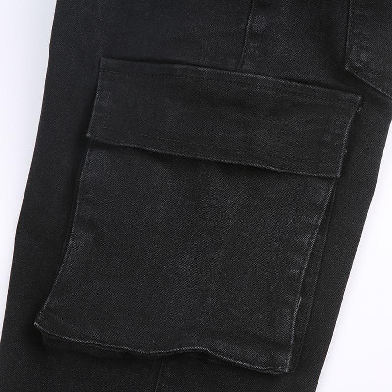 Button cargo pocket ribbon low rise solid jeans