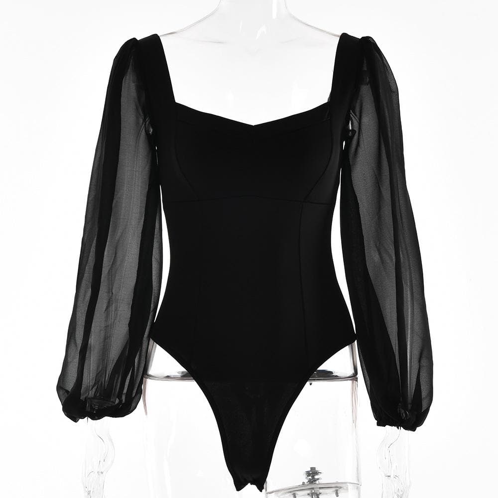 Solid v neck long sleeve mesh backless bodysuit