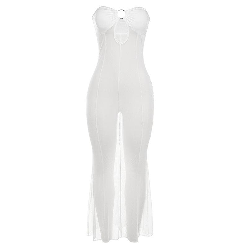 Mesh see through o ring hollow out backless tube maxi dress