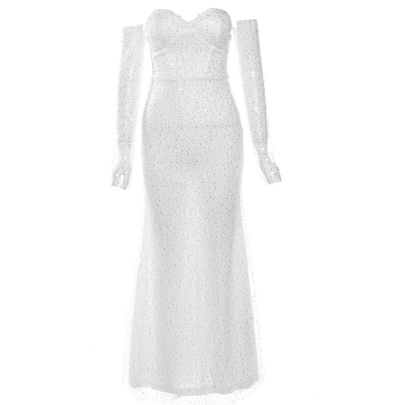 Backless glitter sweetheart neck zip-up long sleeve tube maxi dress