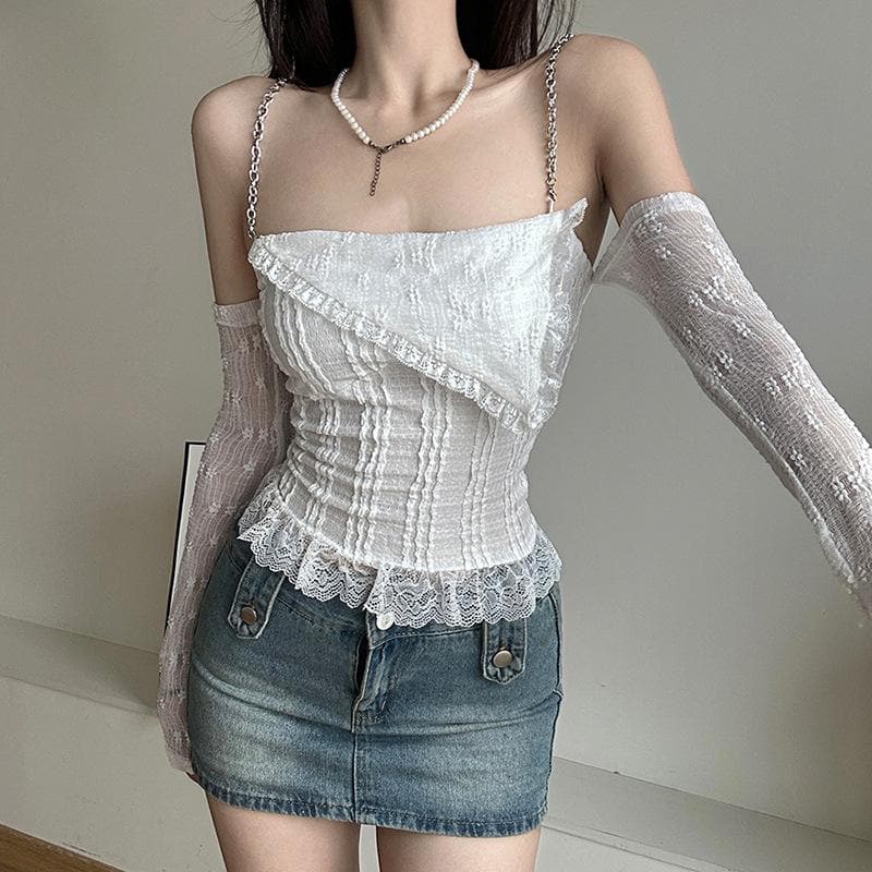 Textured solid long sleeve metal chain lace hem off shoulder top