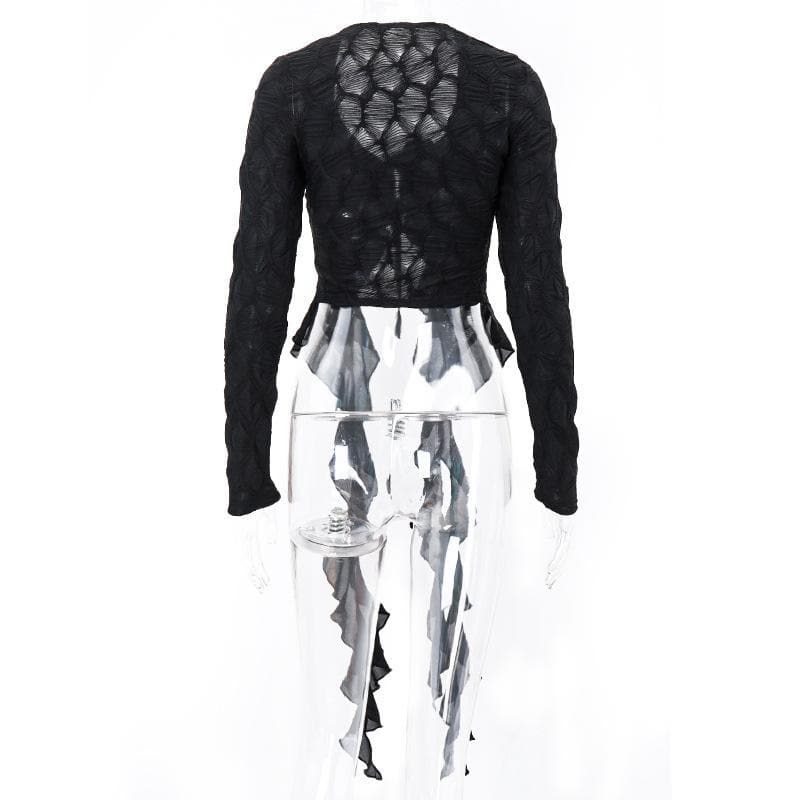 Textured long sleeve ruffle self tie solid crop top