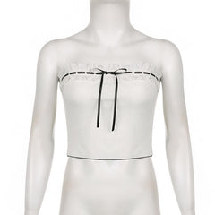 Contrast stitch lace hem self tie backless tube crop top