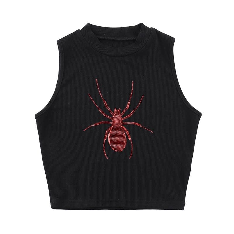 crewneck ribbed spider pattern glitter contrast crop top