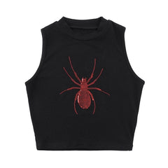 crewneck ribbed spider pattern glitter contrast crop top